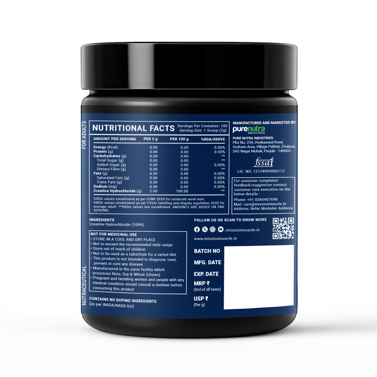 Mission Muscle Creatine HCl – 200g (100 Servings)