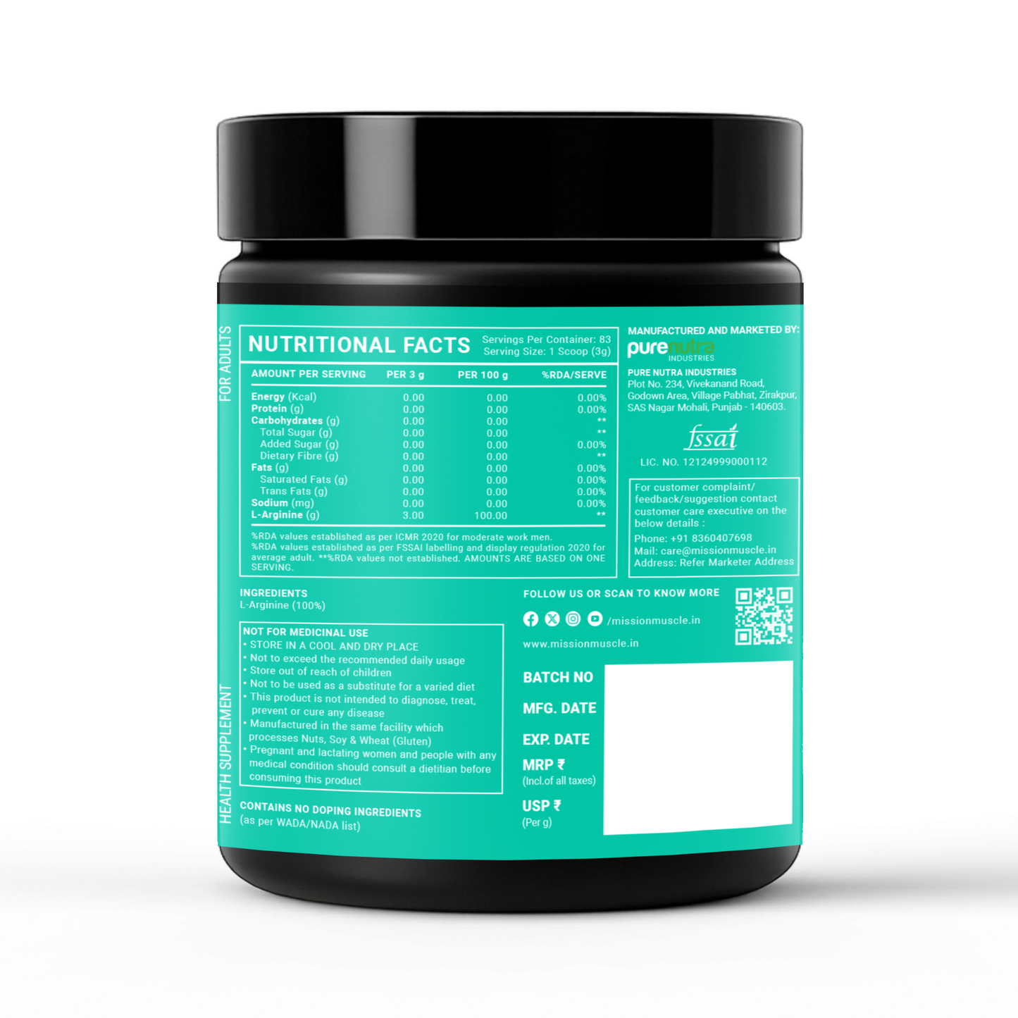 Mission Muscle L-Arginine 250g (83 Servings)