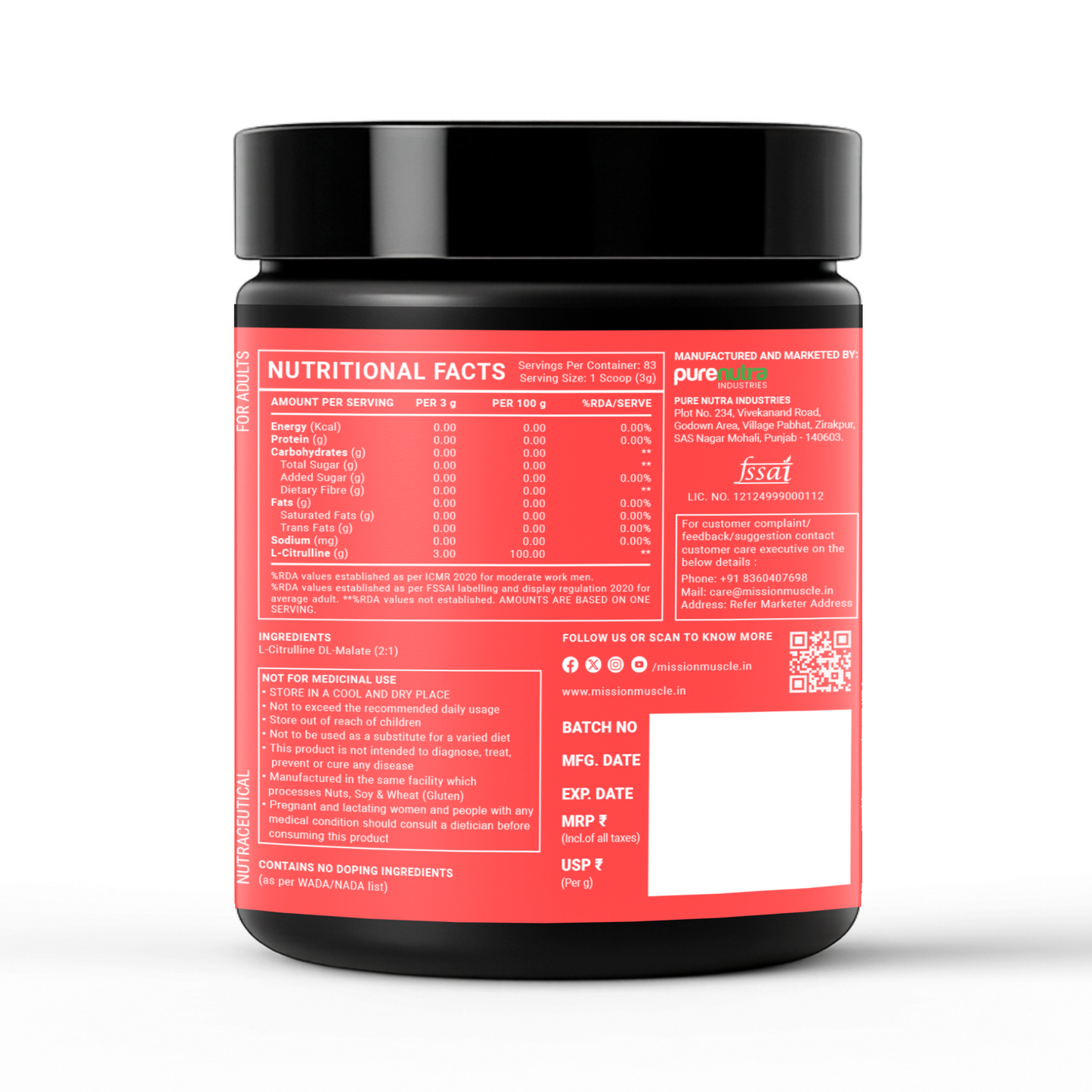 Mission Muscle Citrulline Malate 250g (83 Servings)