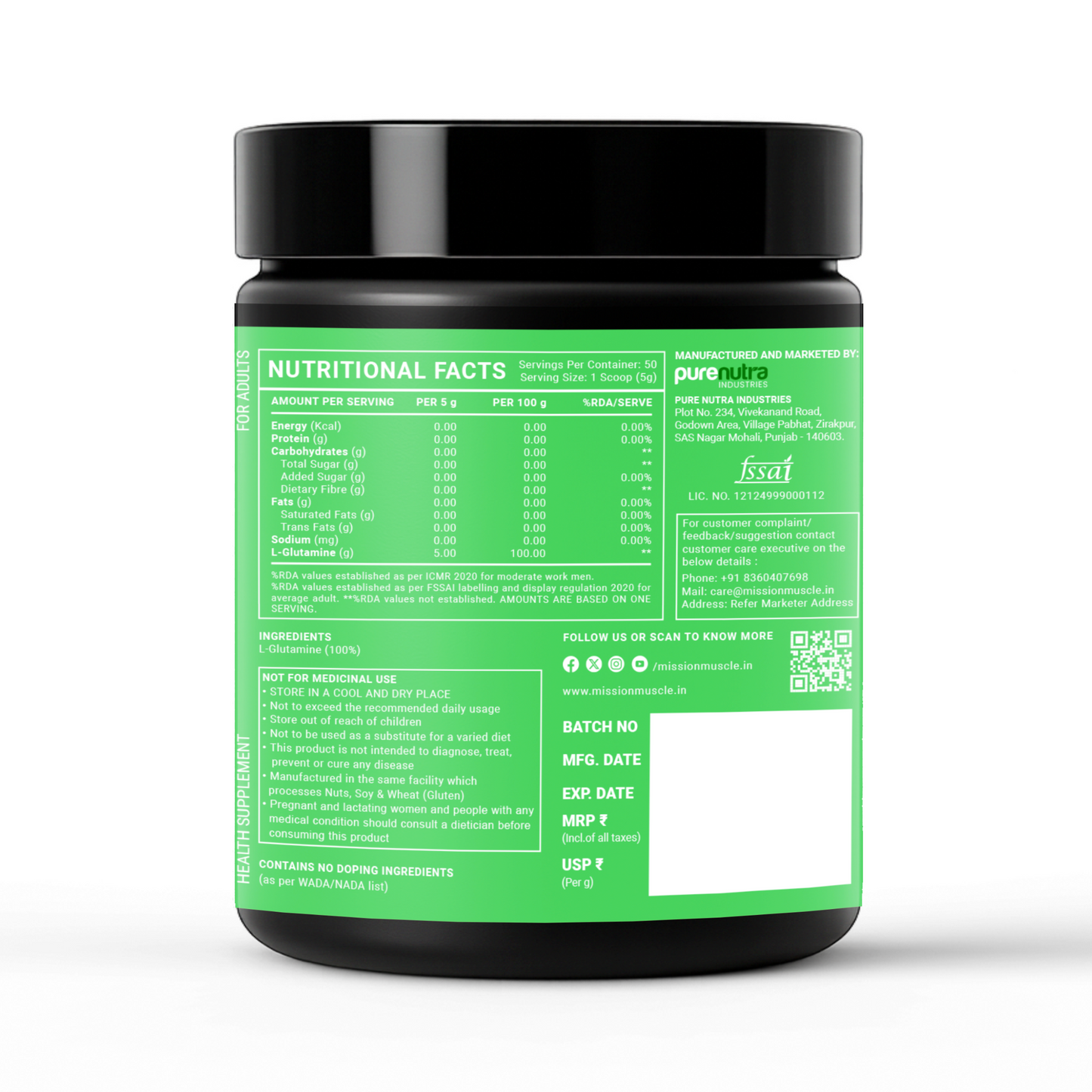 Mission Muscle L-Glutamine 250g (50 Servings)