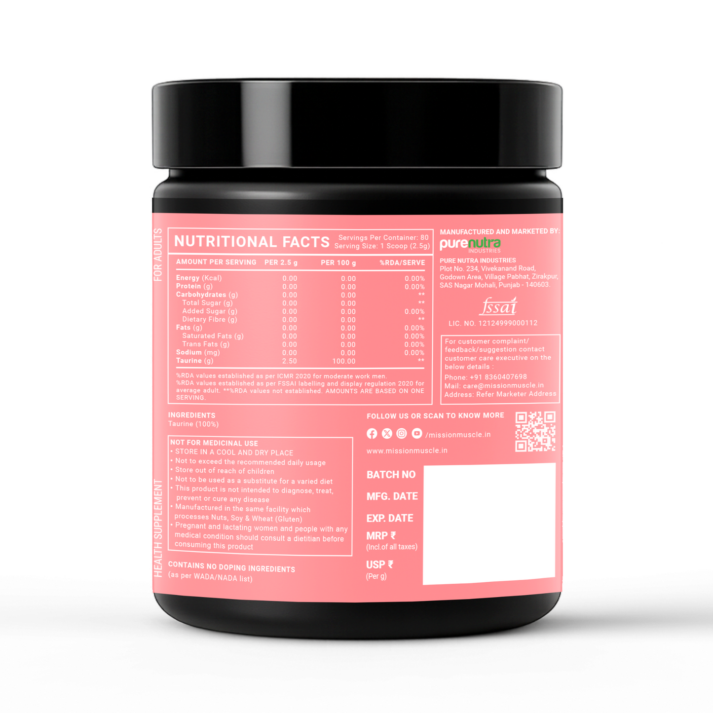 Mission Muscle Taurine 200g (80 Servings)