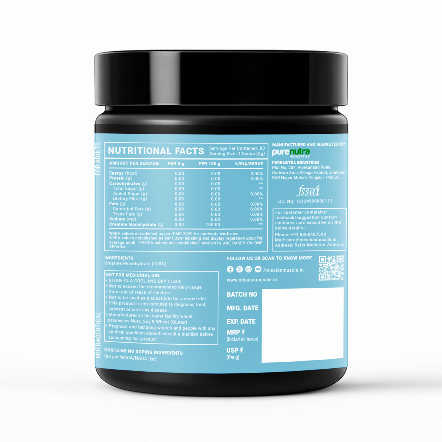 Mission Muscle Creatine Monohydrate - 250g (83 Servings)