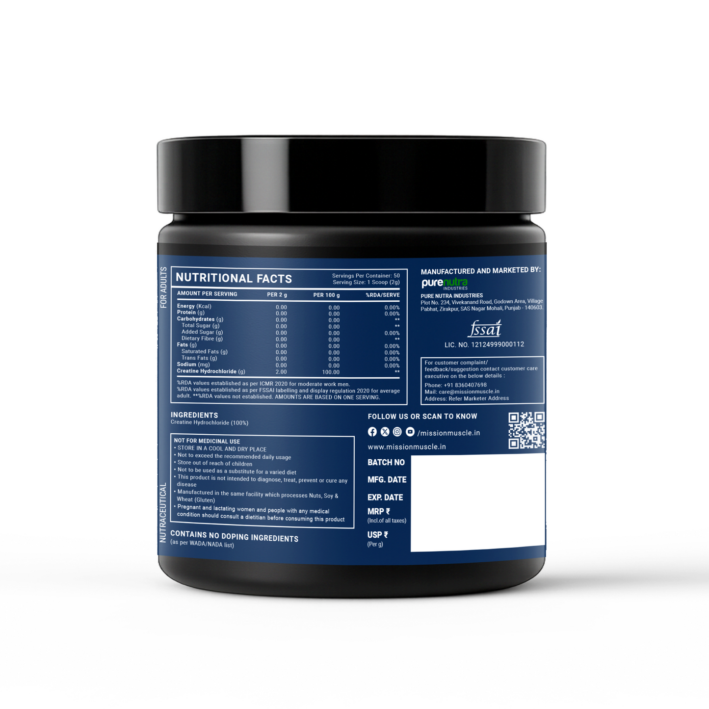 Mission Muscle Creatine HCl – 100g (50Servings)