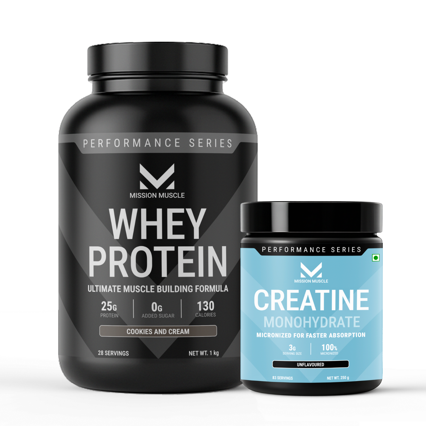 Mission Muscle Whey Protein | 1kg (2.2 lbs) | Cookies and Cream Flavour + Mission Muscle Creatine Monohydrate - 250g (83 Servings)