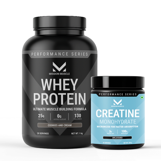 Mission Muscle Whey Protein | 1kg (2.2 lbs) | Cookies and Cream Flavour + Mission Muscle Creatine Monohydrate - 250g (83 Servings)